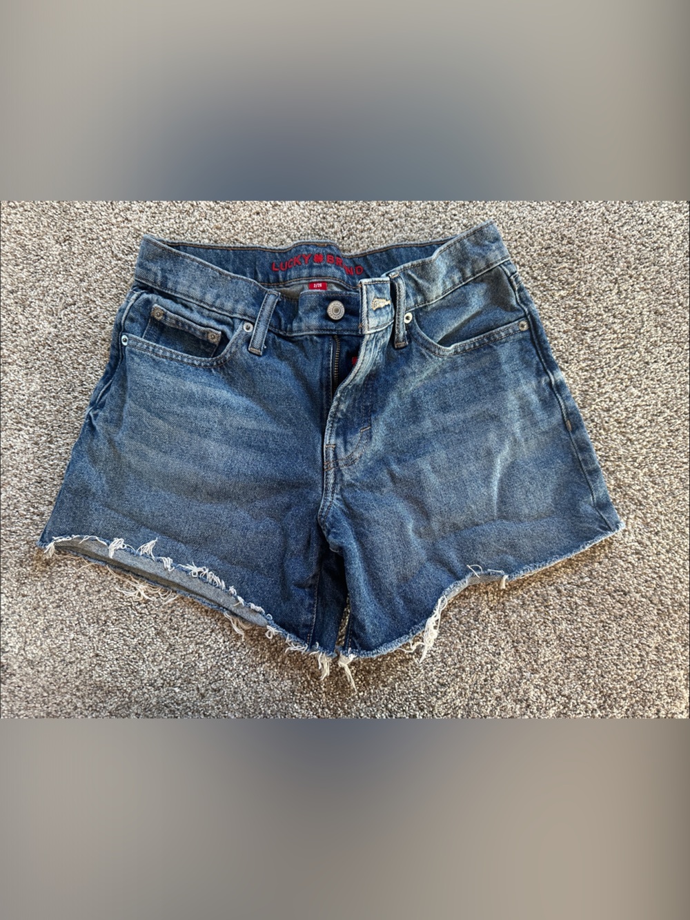 Lucky Brand Dark Blue Distressed Denim 90s Midi 5” Shorts
